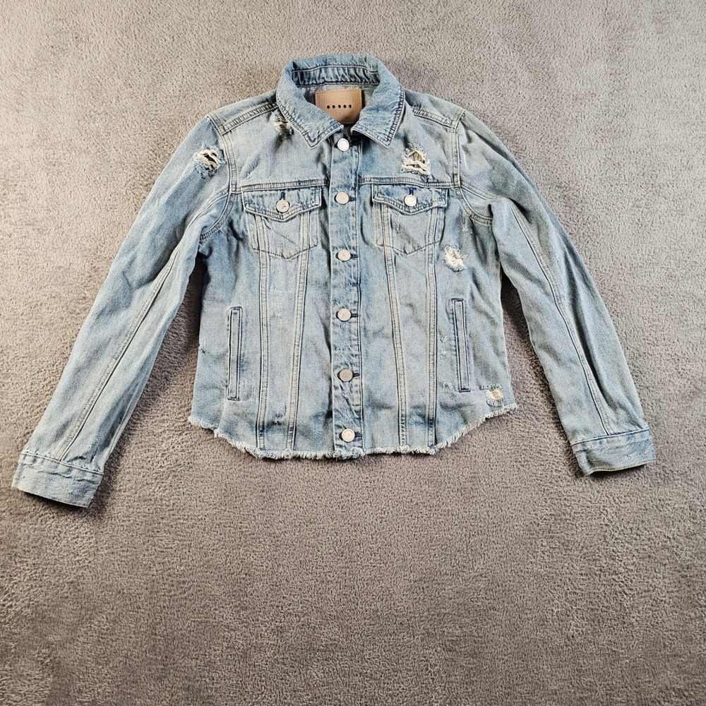 Blank NYC Anthropologie Distressed Light Wash Denim Jacket‎ Raw Hem Small
